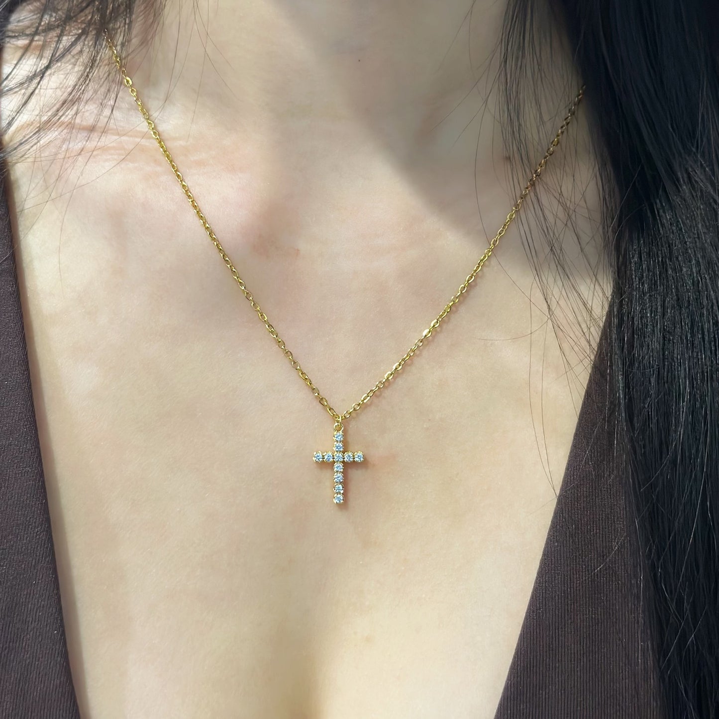 gold cubic zirconia cross necklace