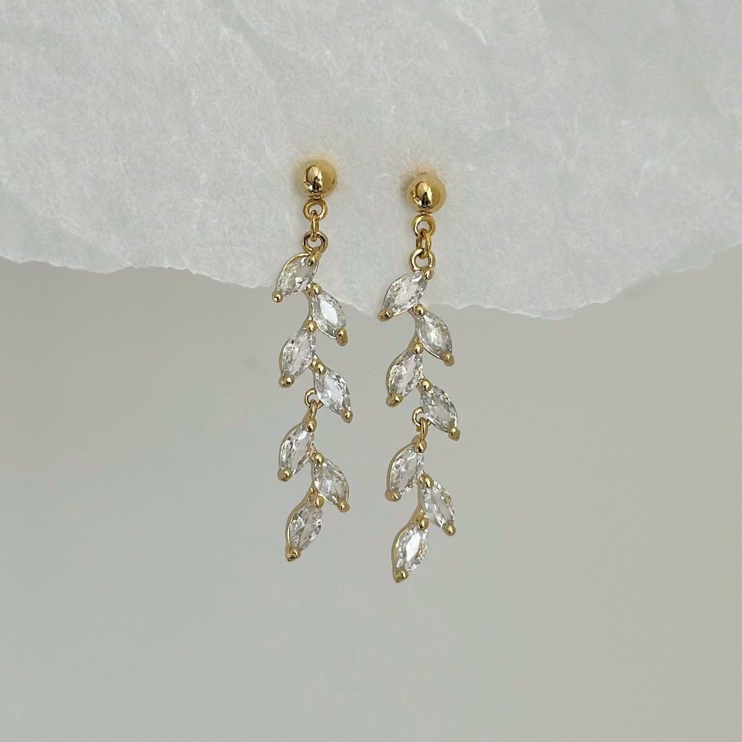 cubic zirconia long leaf drop earrings