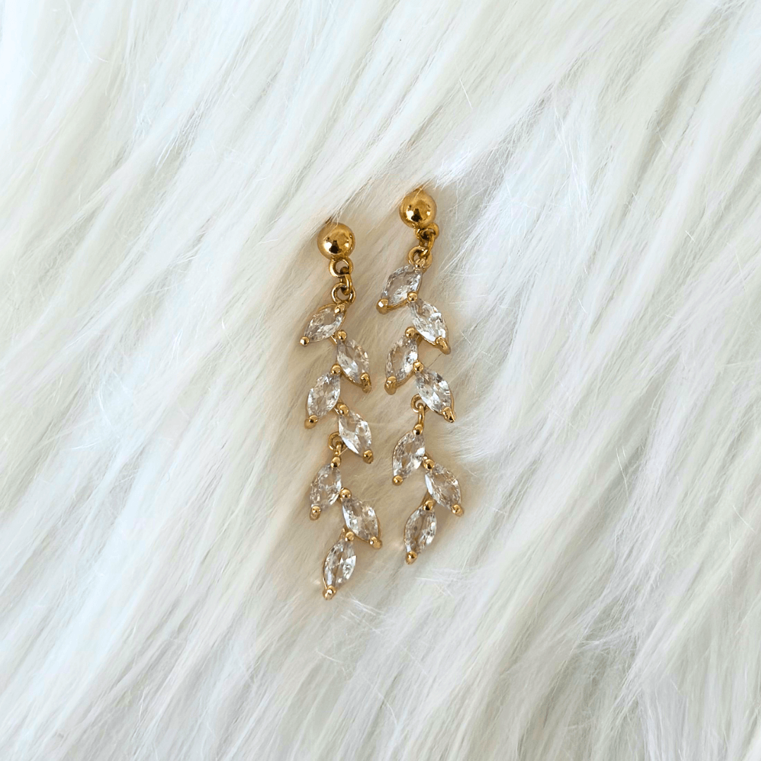 cubic zirconia long leaf drop earrings