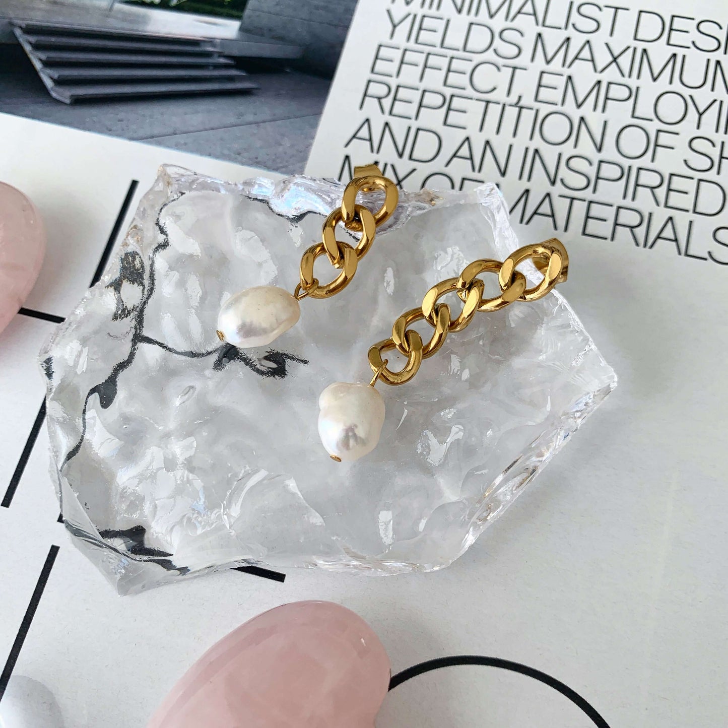 gold asymmetrical chunky earrings with pearl drop