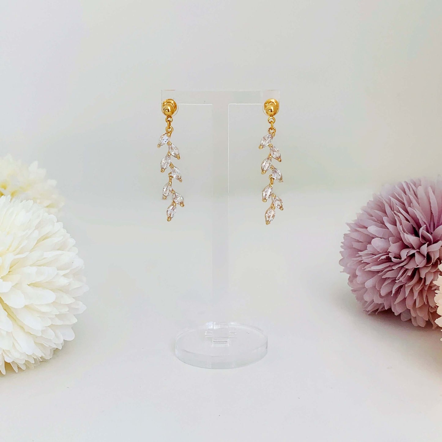 cubic zirconia long leaf drop earrings