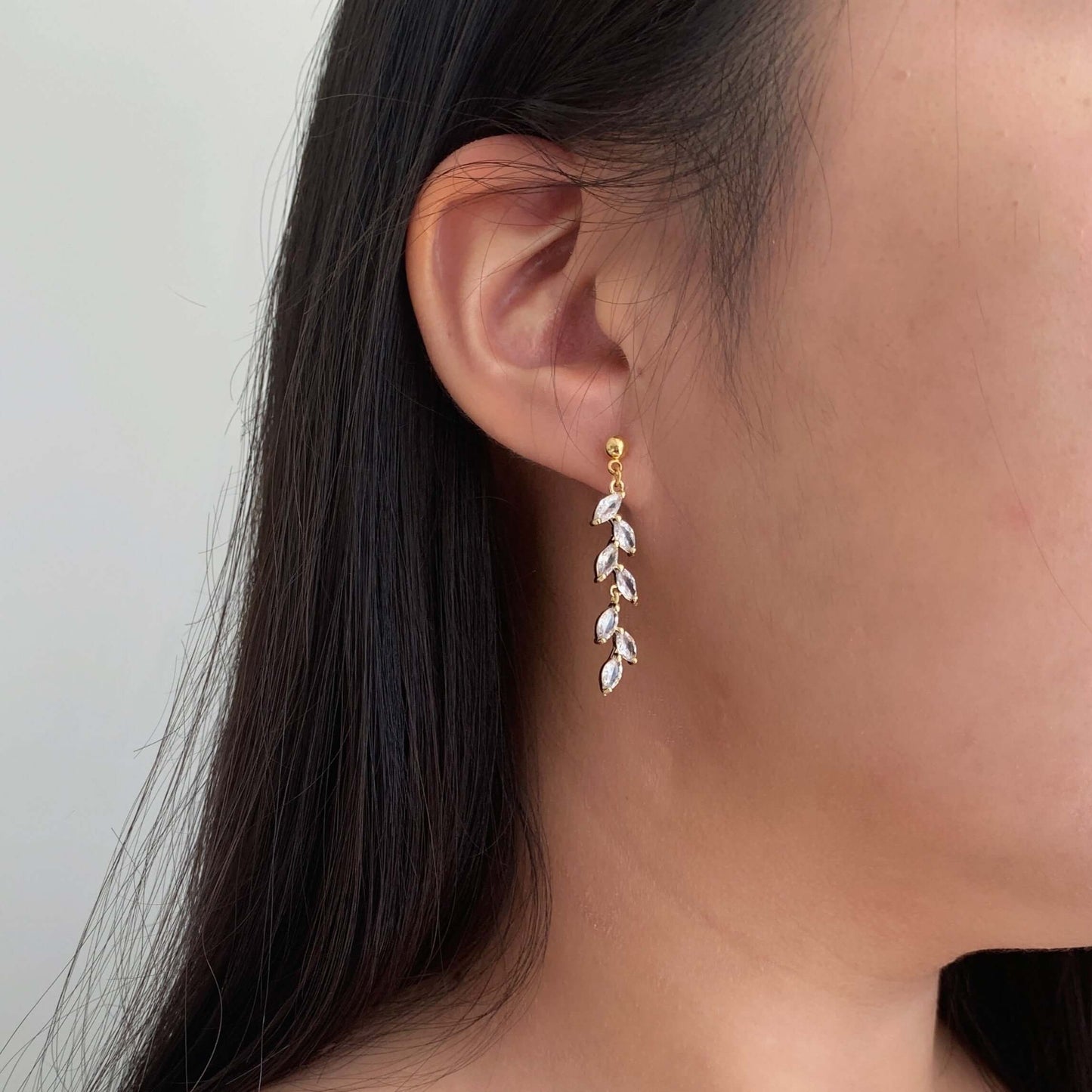 cubic zirconia long leaf drop earrings