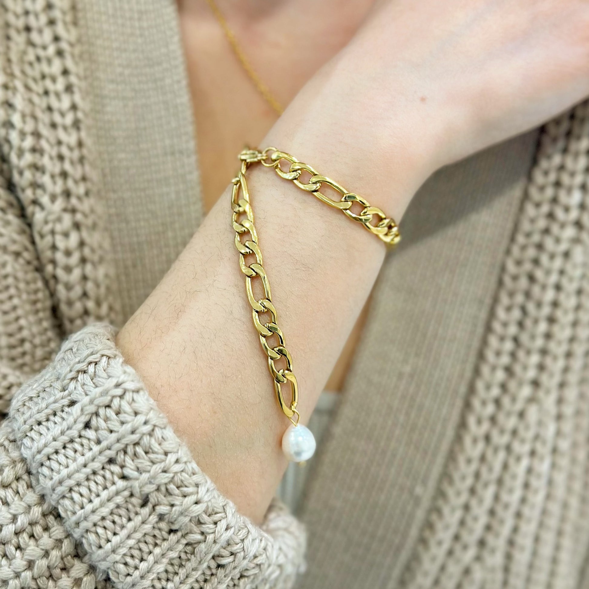 chunky gold bracelet with pearl drop