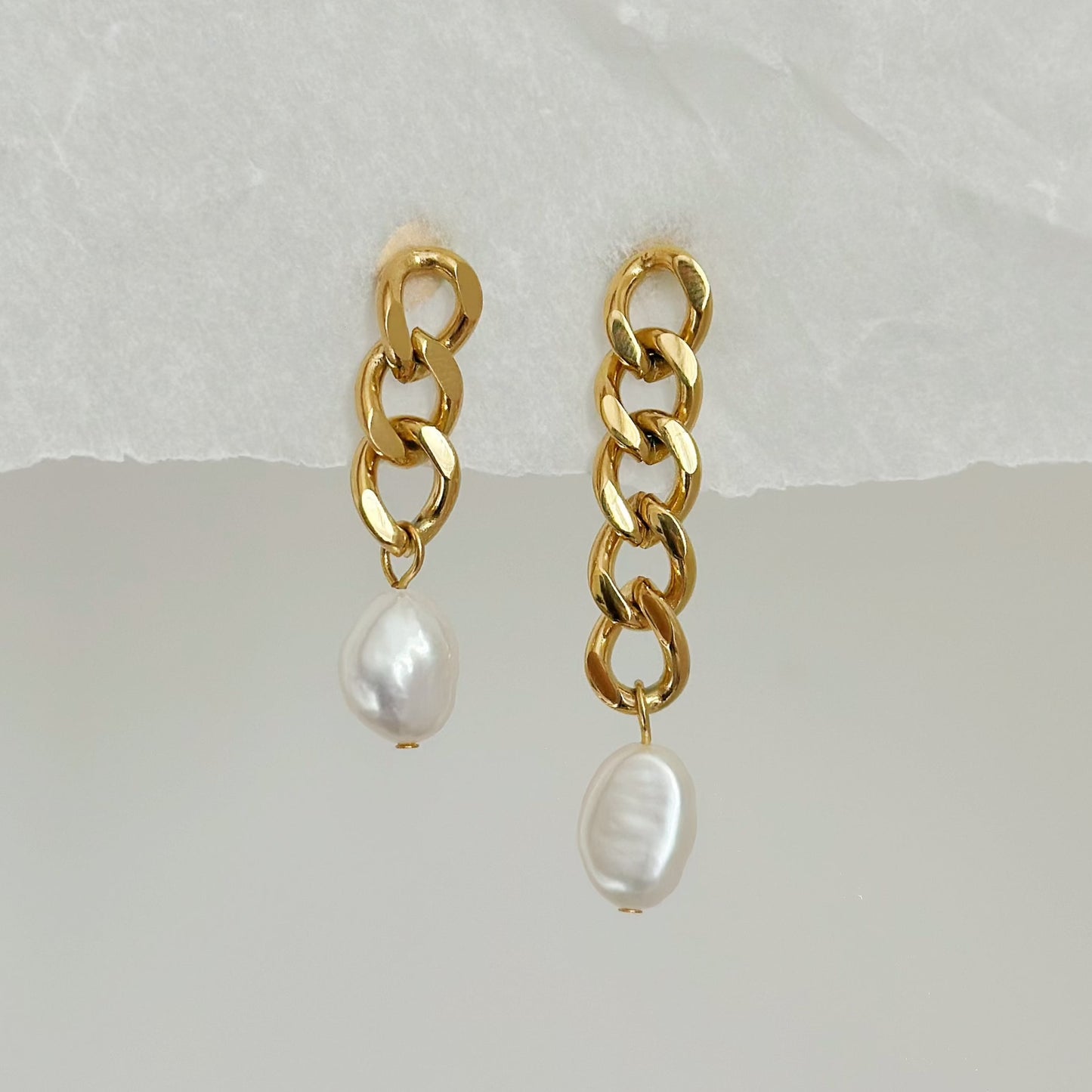 gold asymmetrical chunky earrings with pearl drop