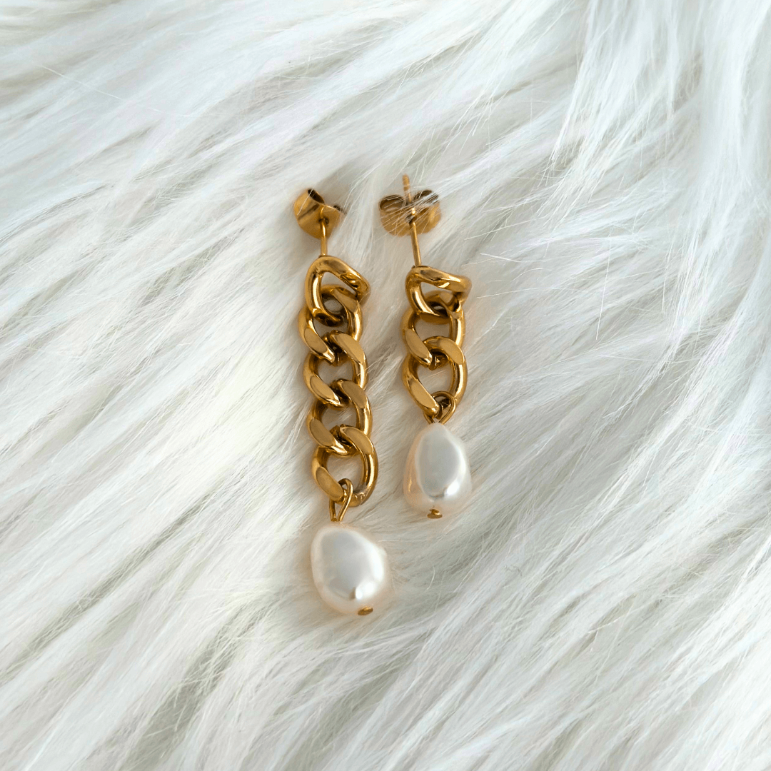 gold asymmetrical chunky earrings with pearl drop